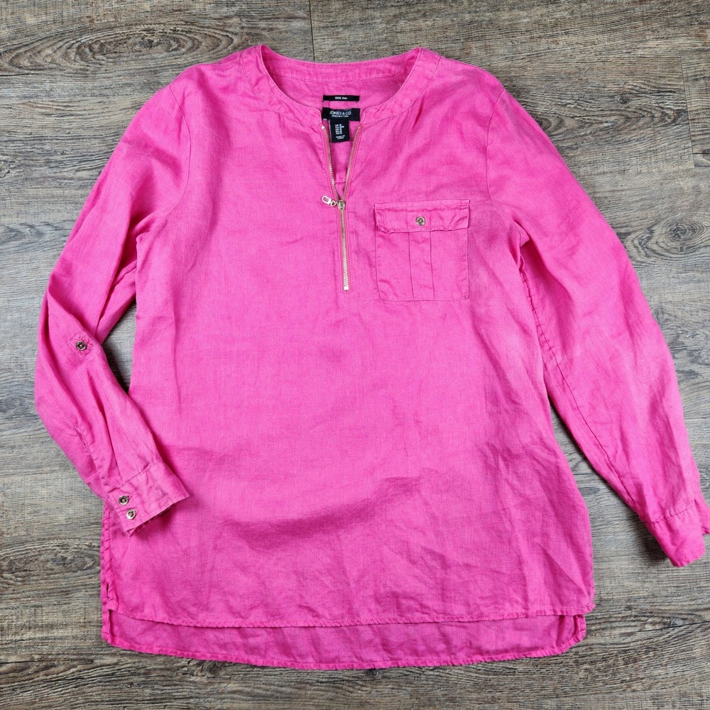 Jones & Co Jones New York Pink 100% Linen Zip Front Roll Tab Tunic Top Medium